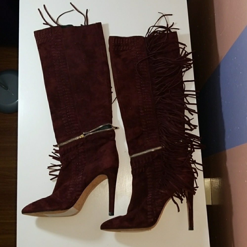Maroon suede Rebecca Minkoff fringe boots/booties